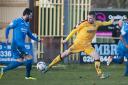 In action: Rhys Weston in the golden colours of Sutton United during the 3-0 win over Weston-super-Mare on Saturday      SP83097
