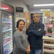 Chandrika Patel (left) and Tushar Patel (right) at Taps News on Hampton Hill High Street. Credit: Charlotte Lillywhite/LDRS