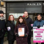 Staff from Richmond and Kingston colleges joined the strike this morning (Pictured: Mark Parsons, Julia Anderson, Greta Farian, Paul Anderson (UCU Kingston Membership Secretary), Abrar Hamid at Kingston College)