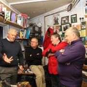 Friendly chat: Colin Montgomerie in the professional's workshop with, from left to right, former London Scottish professional Matthew Barr, former London Scottish captain Tommy Tighe and current professional Steve Barr