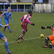 Gabriel Odunaike grabs the second goal for Corinthian-Casuals at Shoreham. Picture: Stuart Tree