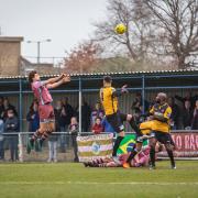 Harry Ottaway can't find the target with a header as Corinthian-Casuals slipped to a home defeat to Cray Wanderers. Picture: Stuart Tree