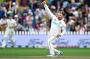New Zealand bowler Glenn Phillips celebrates the wicket of Australia’s Alex Carey (Andrew Cornaga/Photosport via AP)