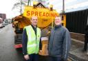 Spreading the love: Gritting lorry driver Colin Magellan, left, with our reporter Chris Wickham