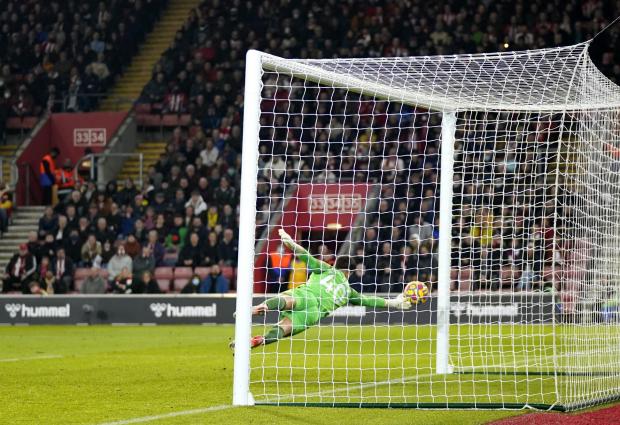 Richmond and Twickenham Times: Brentford goalkeeper Alvaro Fernandez scores an own goal during the Premier League match at St Mary's Stadium, Southampton. 