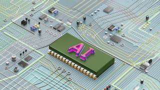 A complex electronic circuit board containing an artfiicial intelligence chip